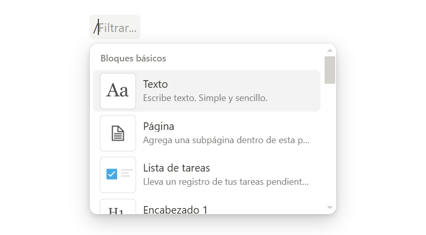 Qué es un bloque en Notion. Activación del comando bloque